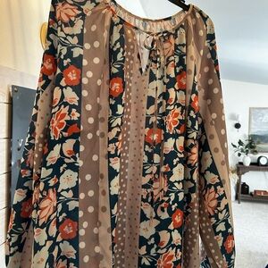 Women’s Floral Stripe Long-Sleeve Blouse in teal and Taupe